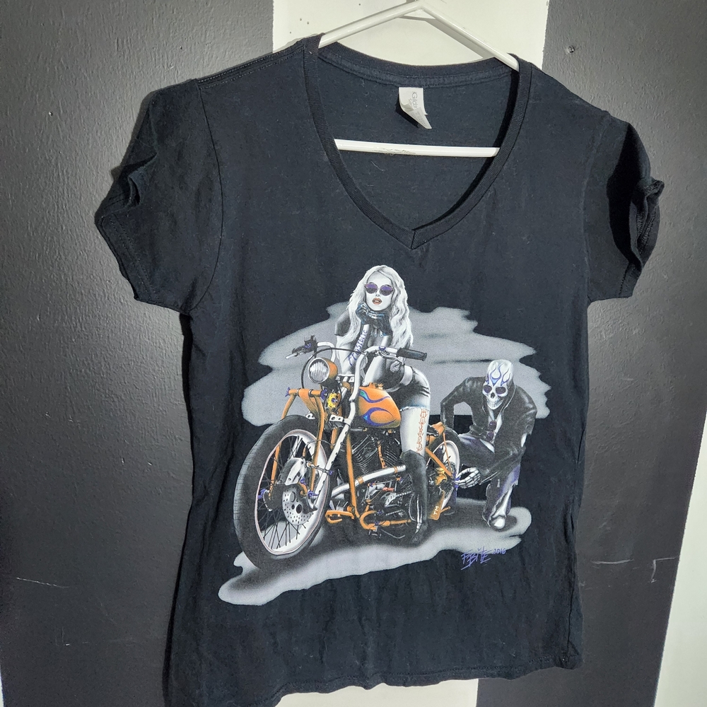 Gildan Black Tee with Motorcycle and Character Design
